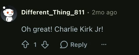 A reddit comment by the user "Different_Thing_811" saying "Oh great! Charlie Kirk Jr!"